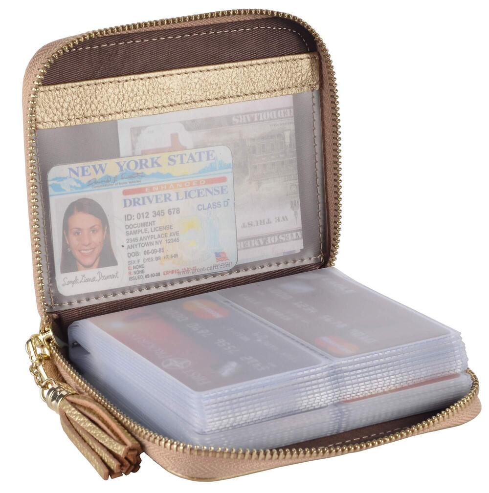 3876 Credit Card Holder Wallet Zip Leather Card Case RFID Blocking Gold